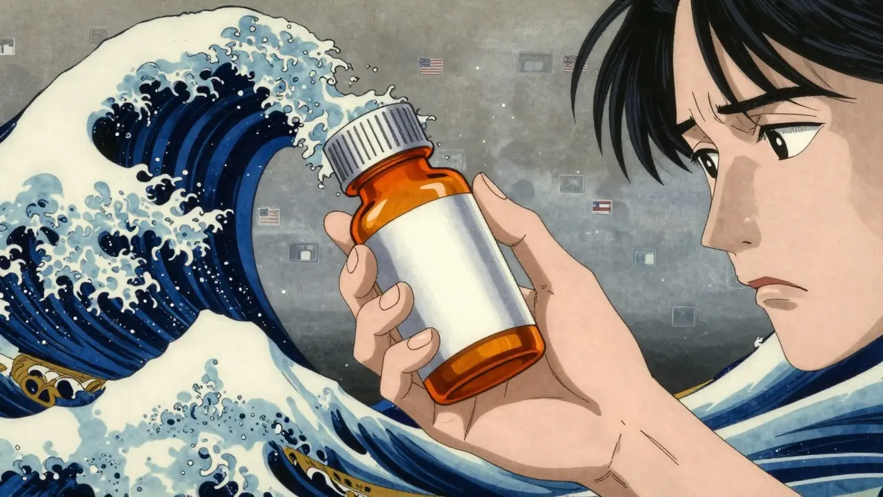Hand holding pill bottle amid chaotic ink waves, anime style