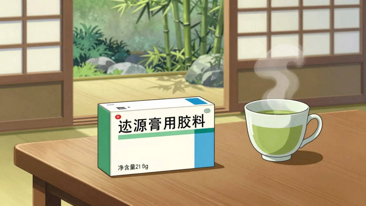 Medication box on table with tea and garden view