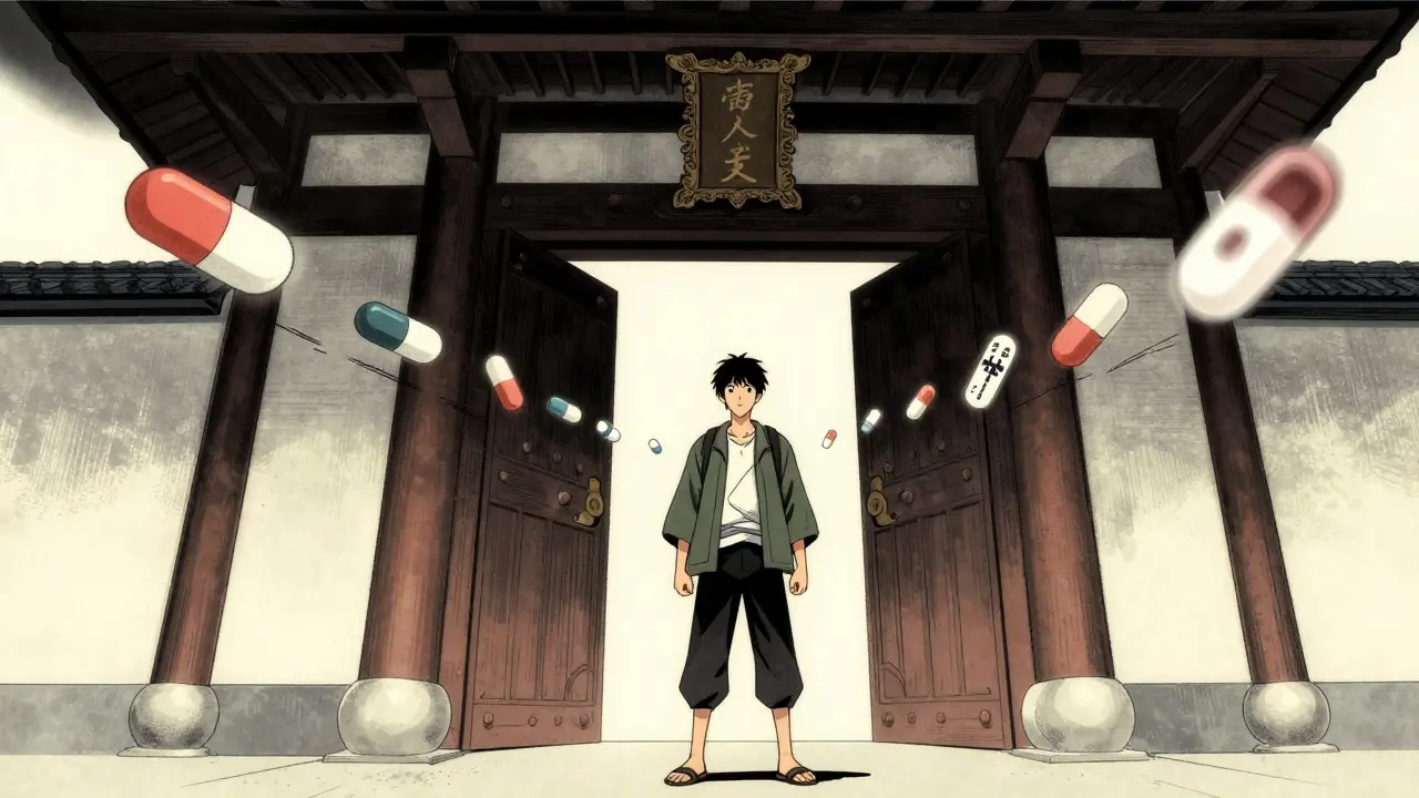 Traveler blocked from medication coverage by closed gate, anime