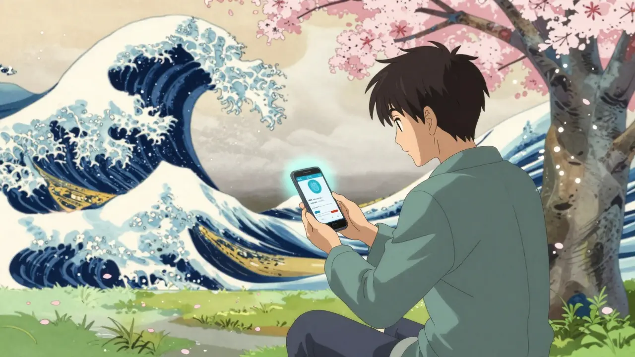 Traveler using telemedicine app under cherry blossoms, anime