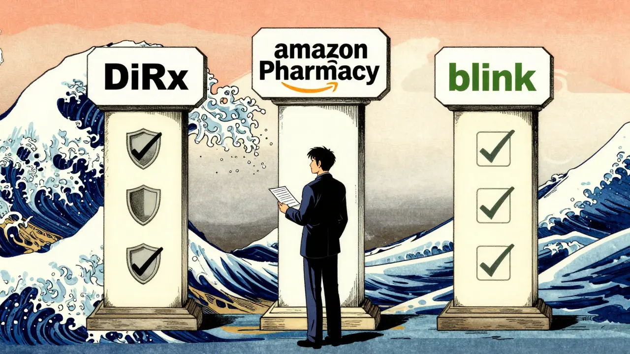 Ukiyo-e anime art of choosing a trusted online pharmacy from pillars