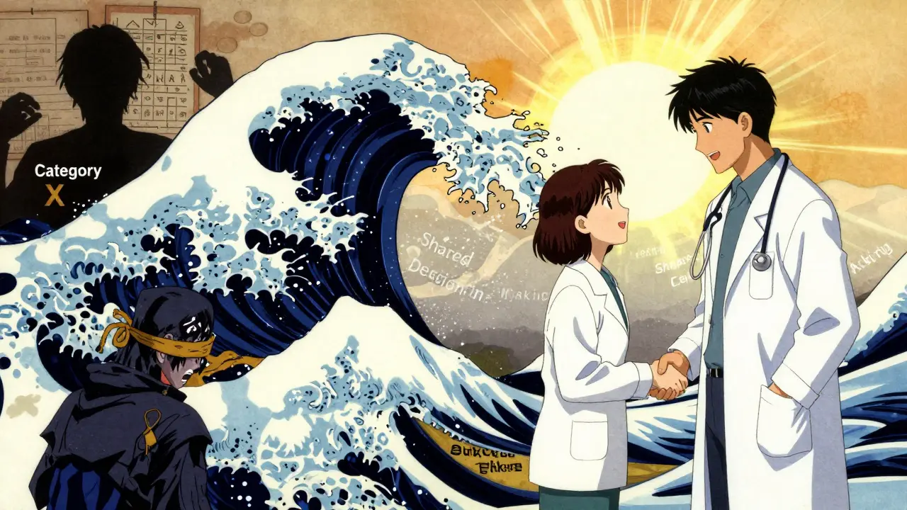 Ukiyo-e anime art showing the shift from strict warnings to shared medical decisions