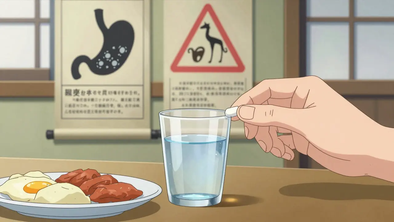 Ukiyo-e style scene showing safe medication intake with food