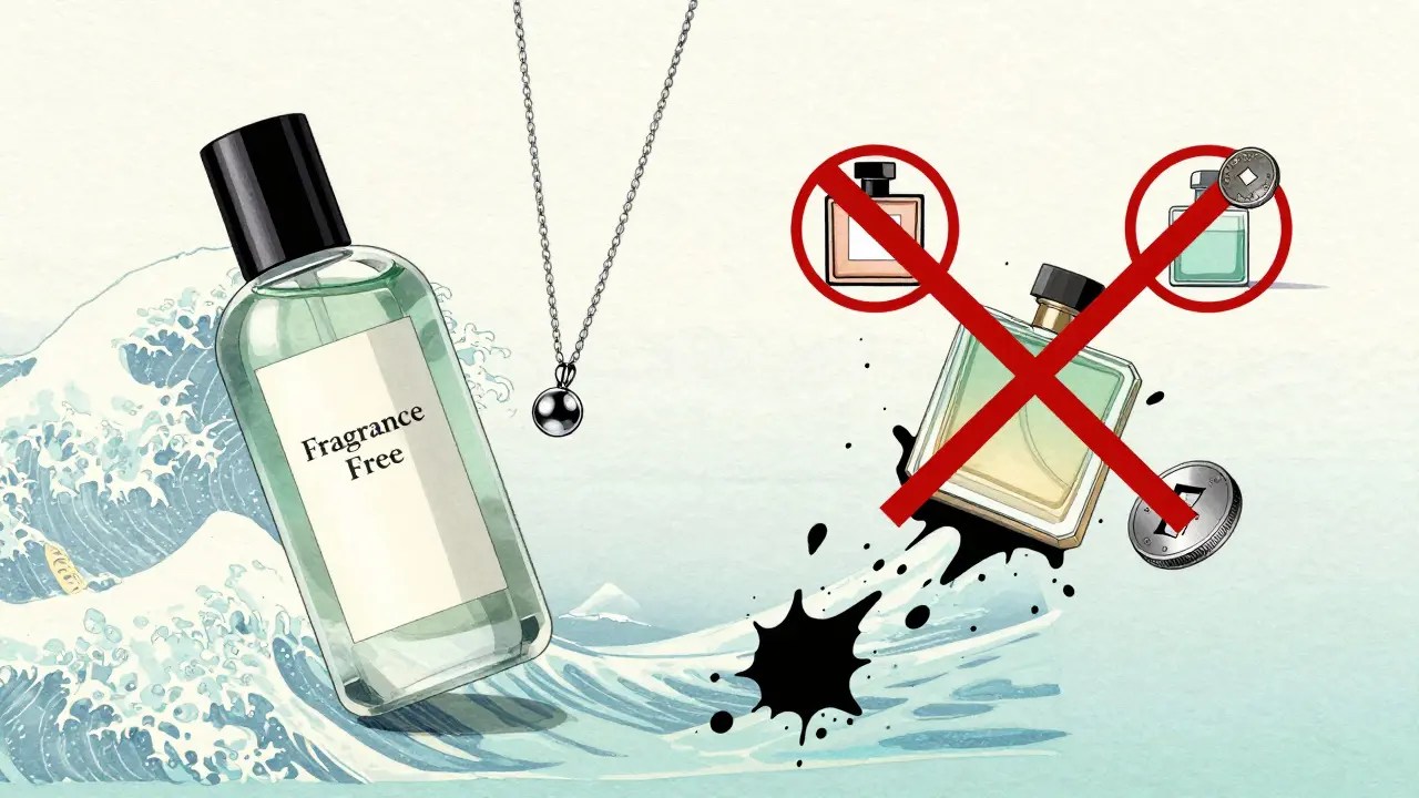 Anime art showing fragrance-free products and safe metals against a wave-patterned background.