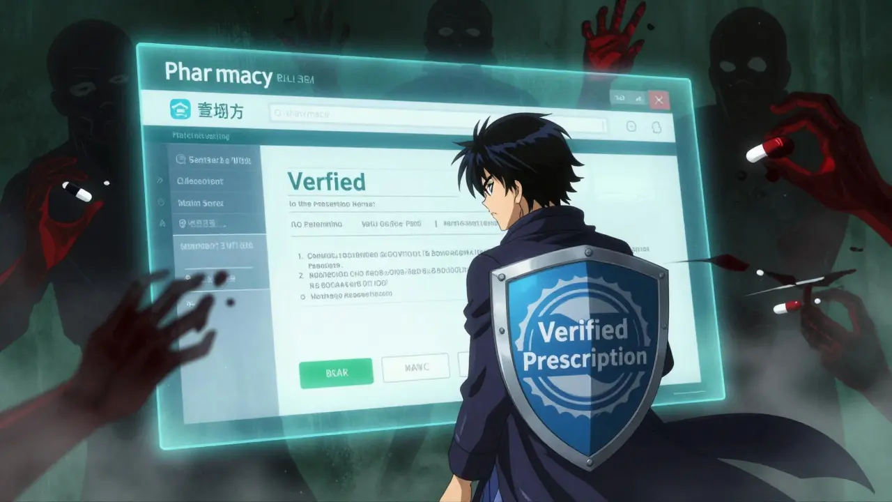 Anime character verifying safe online pharmacy against scams