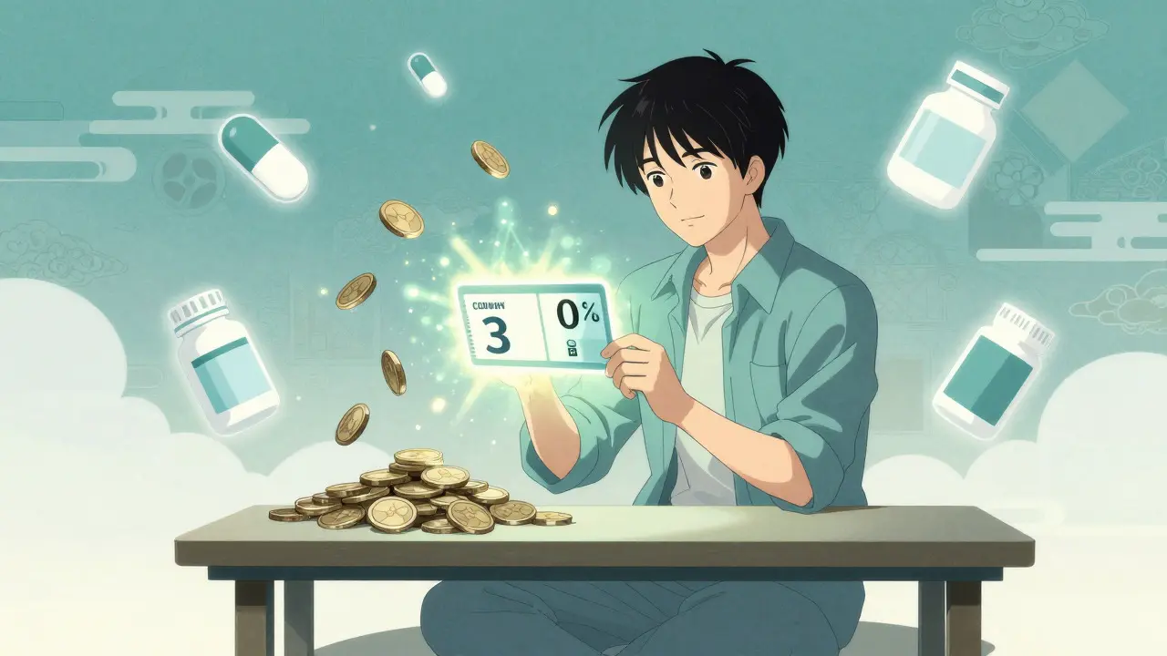 Anime illustration of a character using a digital coupon to save money on prescription medication.