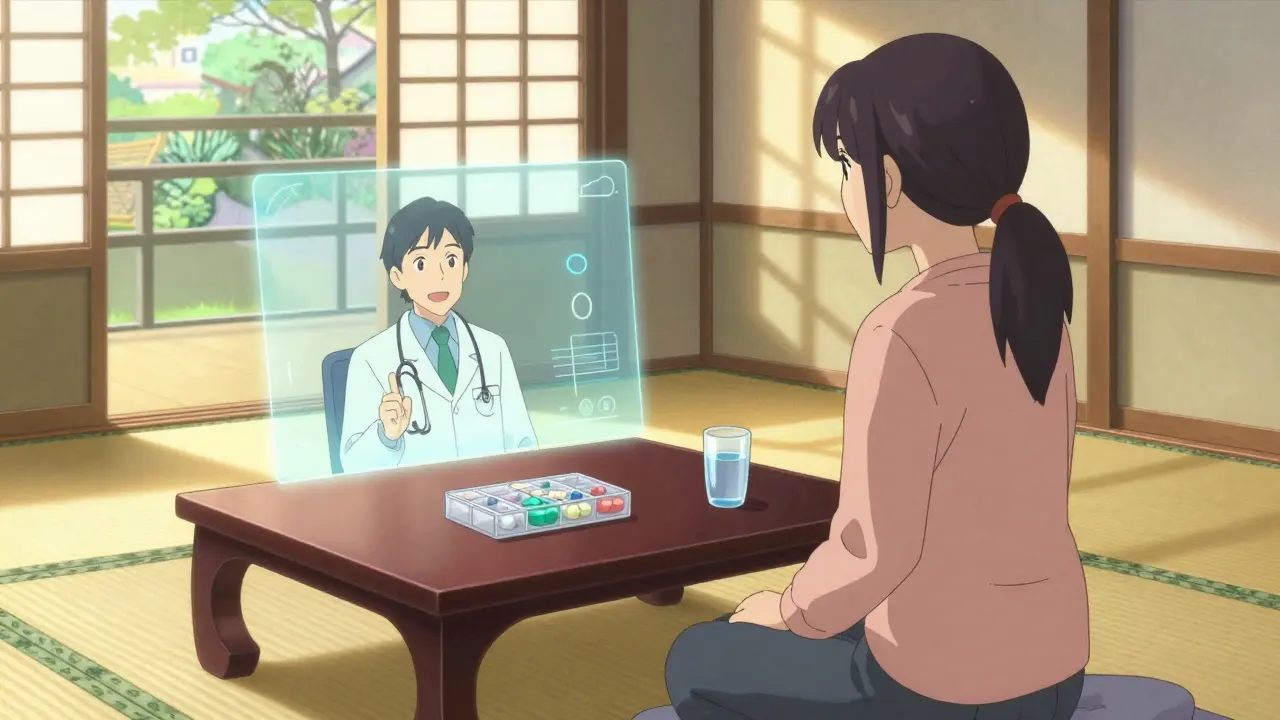 Anime patient having telehealth consult in traditional room