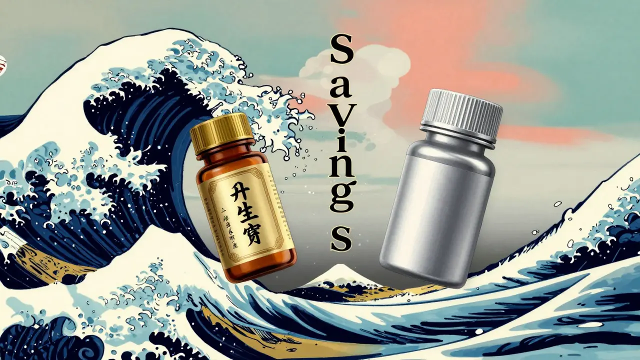 Comparison of brand and generic pills floating above stylized waves