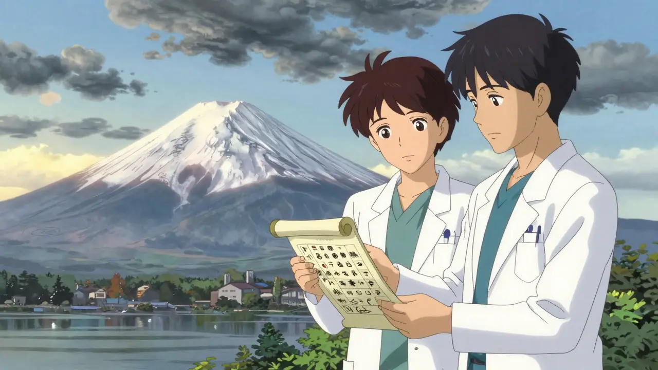 Doctor and pharmacist reviewing unified guidelines under sunny sky in anime ukiyo-e art