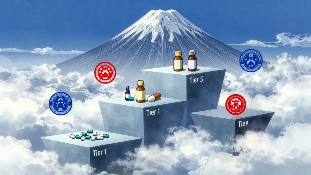 Floating tier platforms and schedule seals against a data-stream mountain in anime style