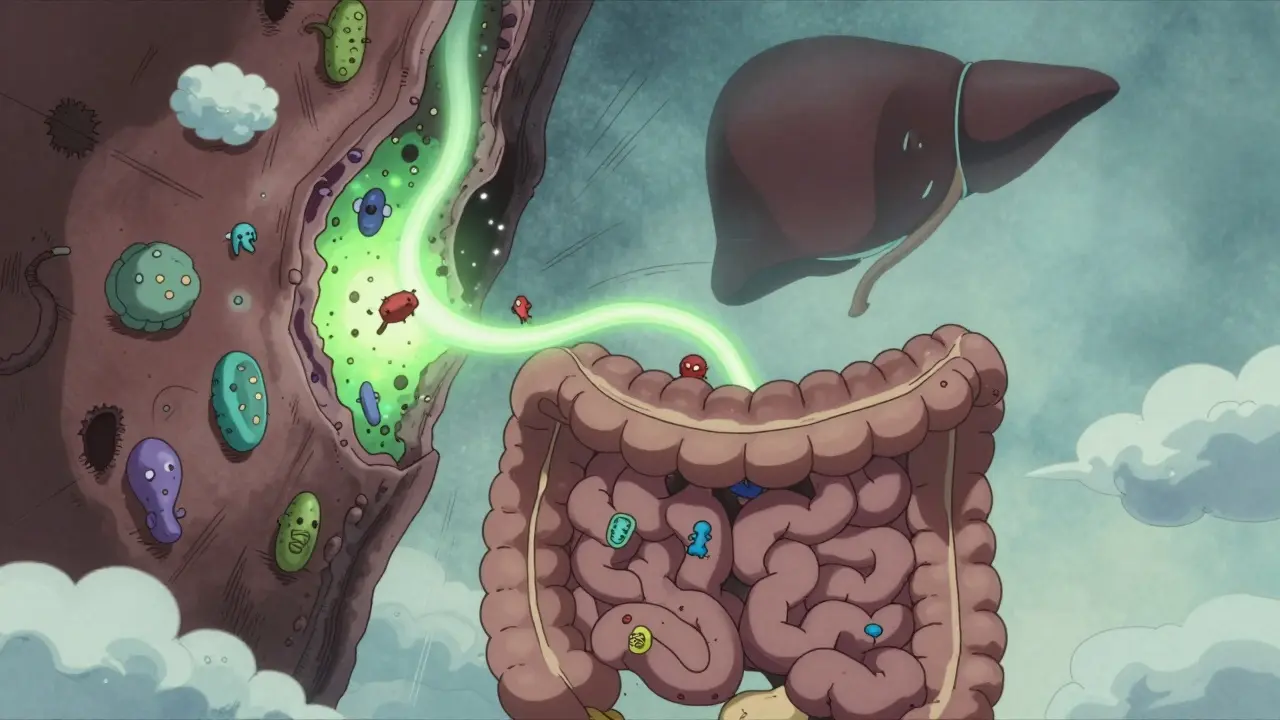 Gut-liver axis showing microbiome impact in anime