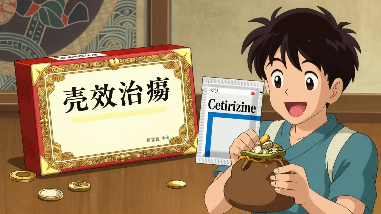 Happy anime figure holding coins near generic medicine boxes