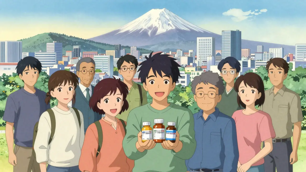 Happy community using generics in ukiyo-e anime landscape