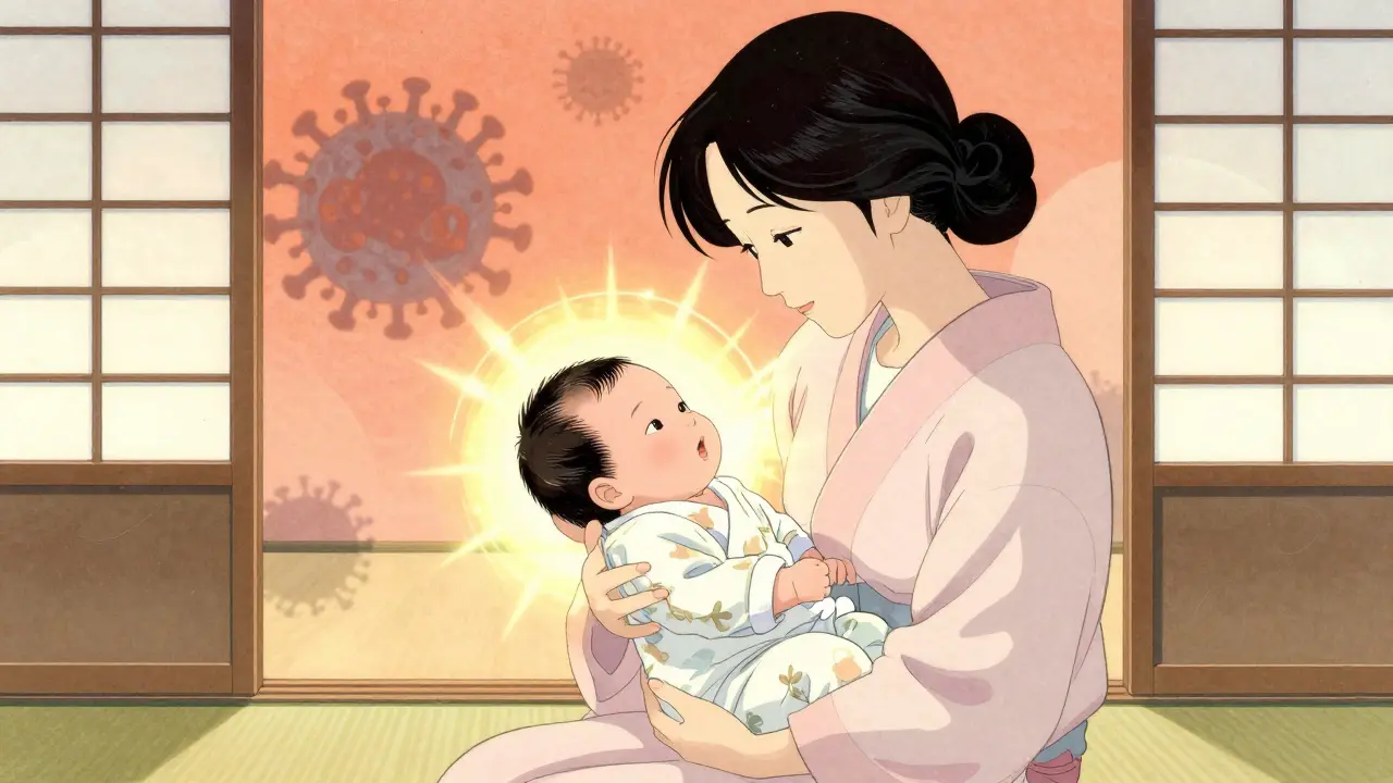 Mother and baby protected by vaccine shield in anime illustration