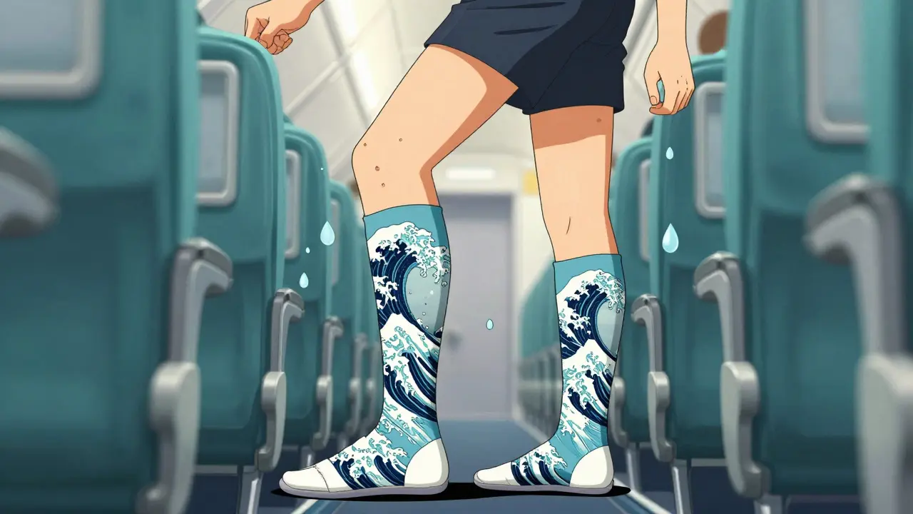 Passenger doing leg exercises in aisle wearing compression stockings.