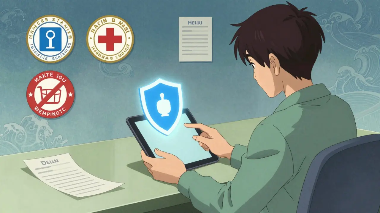 Person safely browsing online pharmacy with shield icon