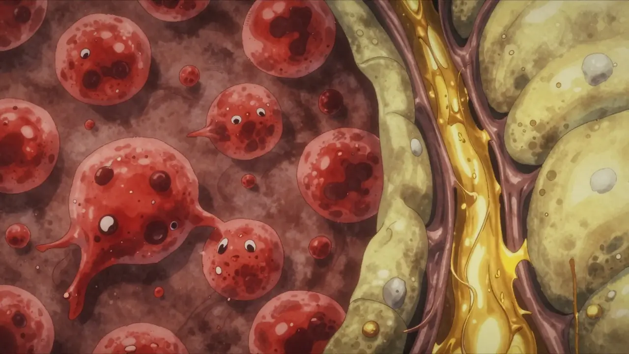 Split view of hepatitis and cholestasis in anime art