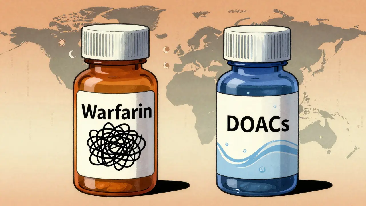 Split view of Warfarin vs DOAC pills with world map and time zone symbols.