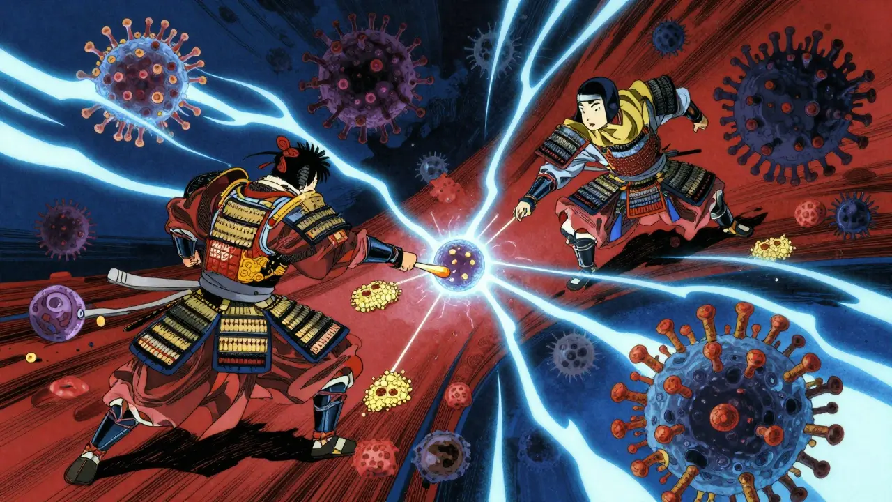 Stylized armored cells fighting viruses with energy waves in ukiyo-e anime art