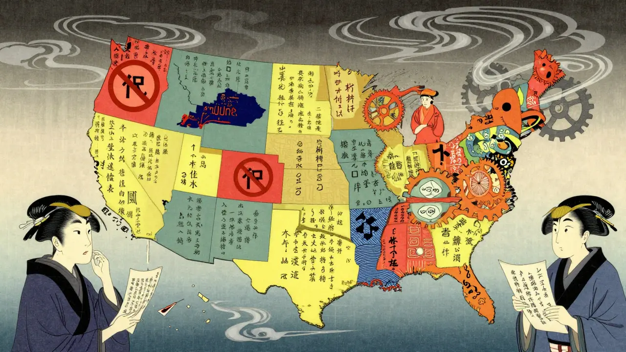Stylized US map with conflicting legal symbols and confused pharmacists in ukiyo-e style