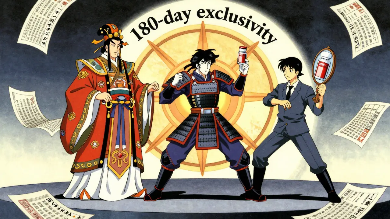 Three figures representing drug market competition in ukiyo-e anime art style