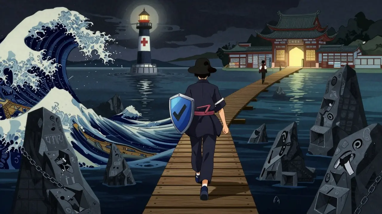 Ukiyo-e anime art of a person navigating online pharmacy safety with a shield against scams.