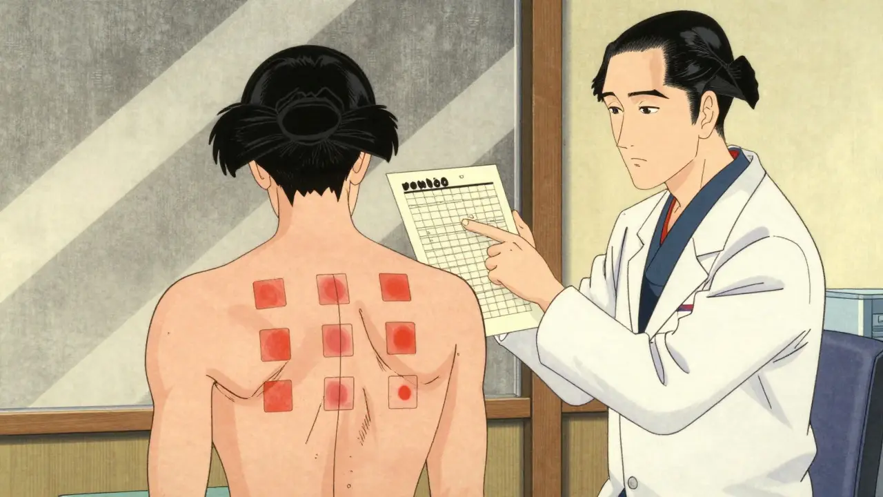 Ukiyo-e anime style of a patient with patch test squares on their back in a clinic.
