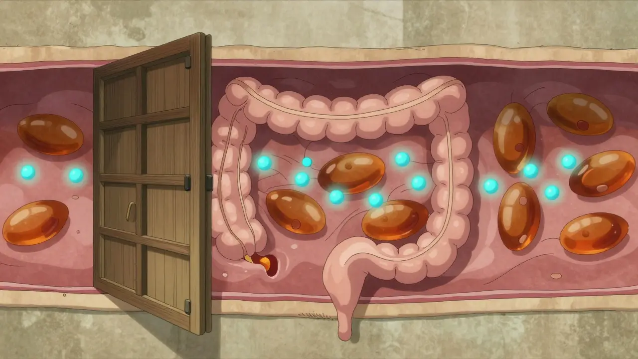 Abstract illustration of drug molecules blocked by juice compounds in intestinal wall