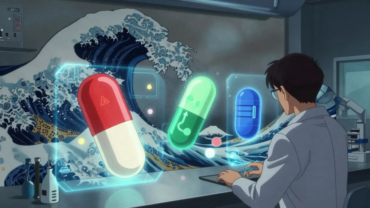 Anime lab scene with glowing pills representing drug trials