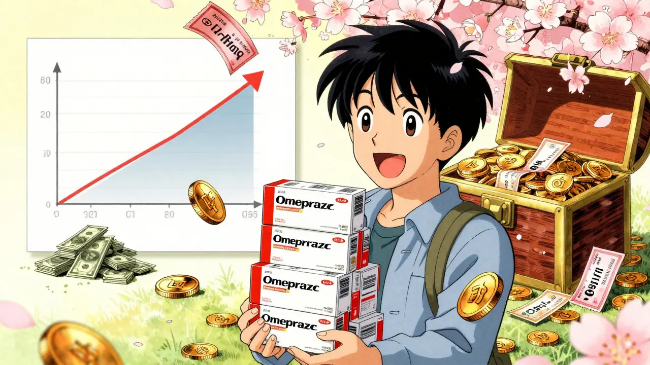 Character saving money on generic meds with coupons and bulk discounts