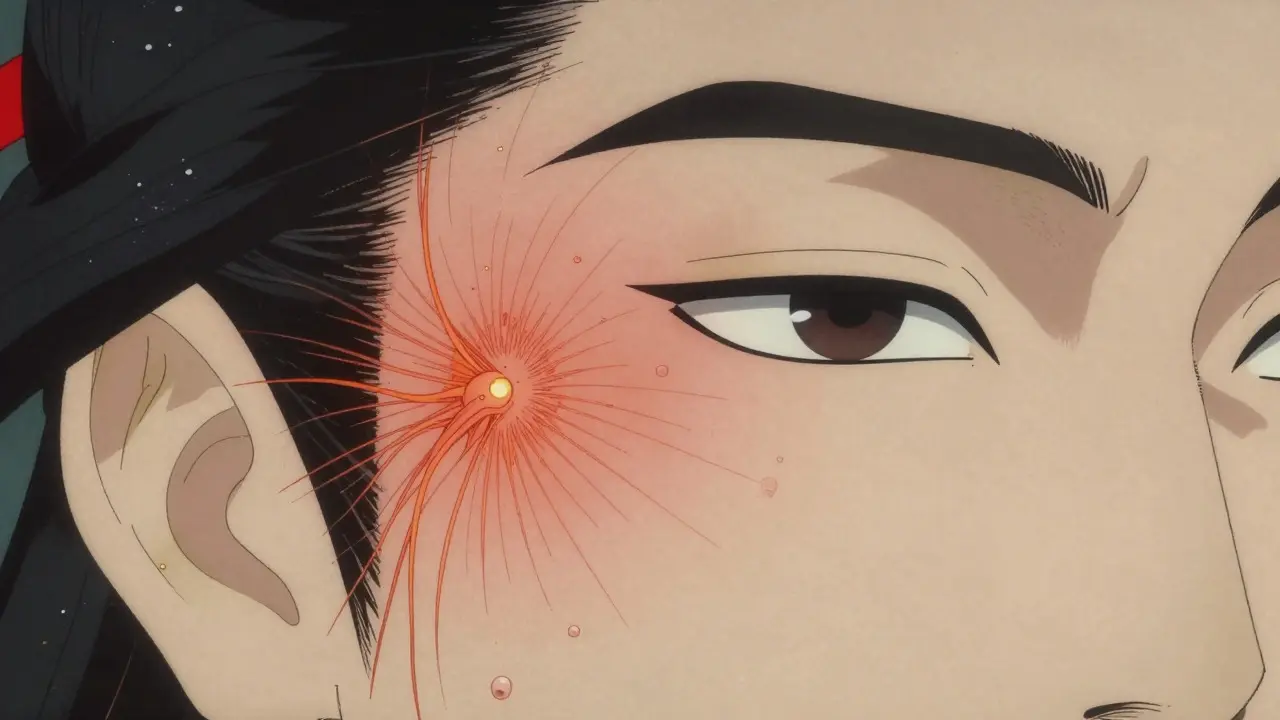 Close-up anime face showing tingling nerves and early herpes blisters.