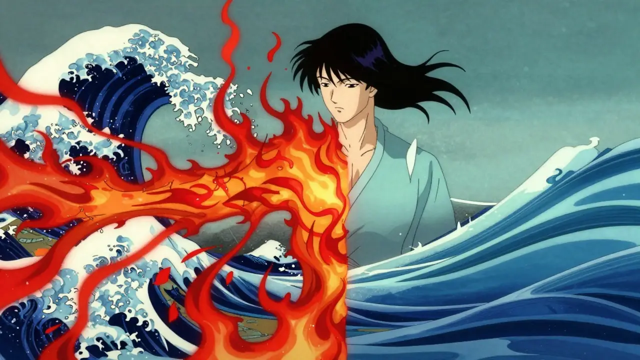 Conceptual art showing inflammation calming into relief with Japanese wave motifs
