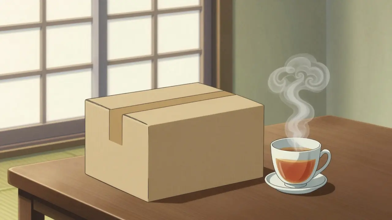 Discreet unmarked package on table with tea, symbolizing privacy