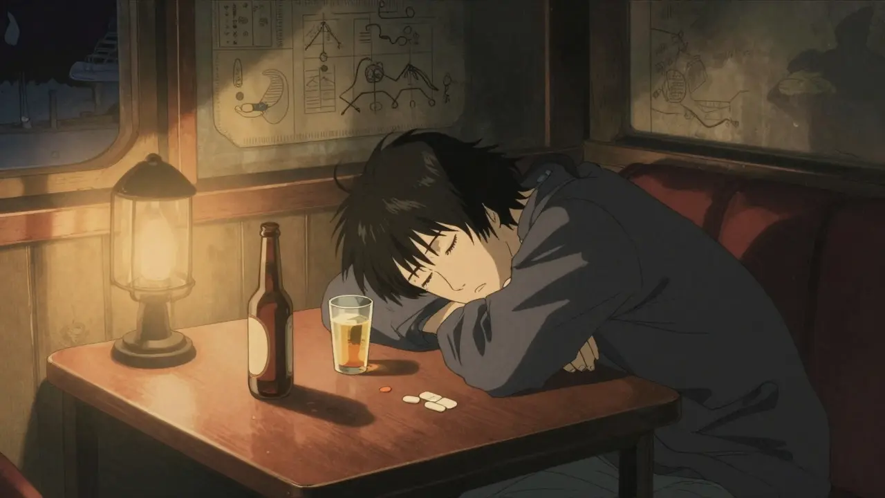 Drowsy traveler resting in a dim cabin with a beer nearby, illustrating sedation risks