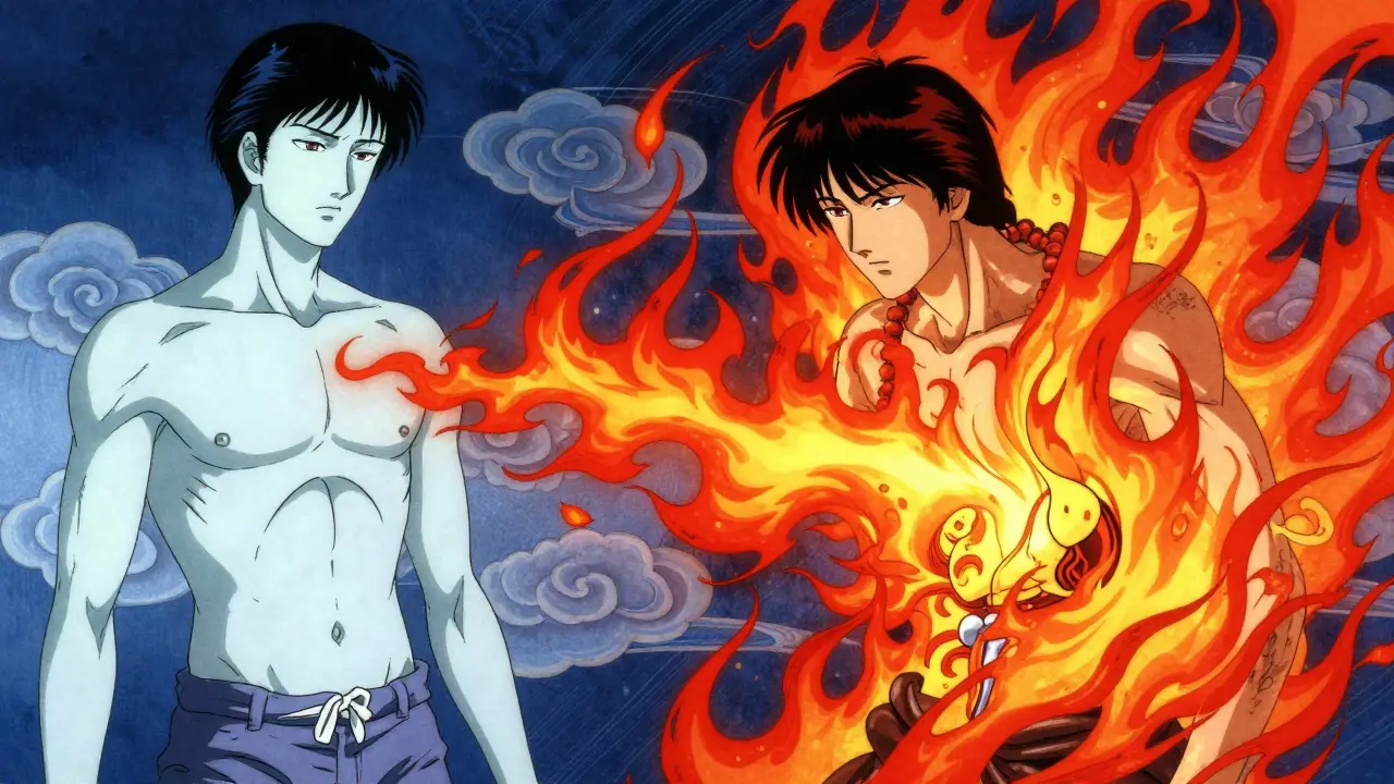 Fiery inflammation vs calm stones, ukiyo-e anime art