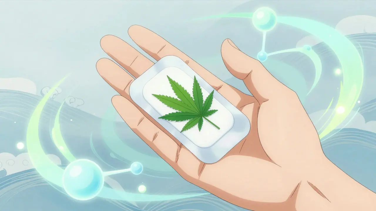 Hand holding a modern medical patch surrounded by abstract molecular patterns