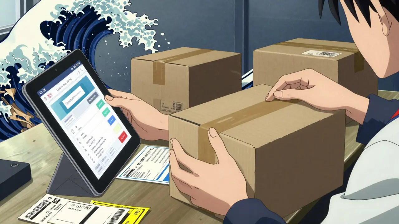 Hands checking online pharmacy packages and coupons in anime style