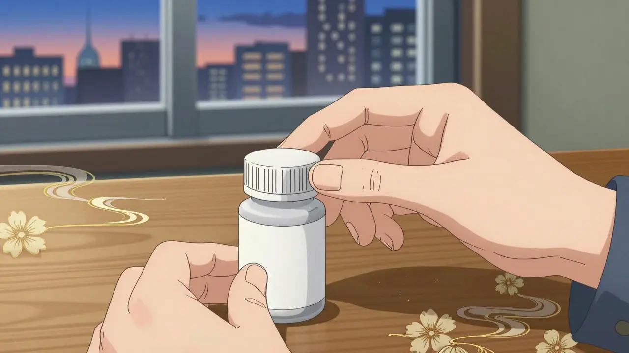 Hands selecting a prescription pill bottle in ukiyo-e anime style