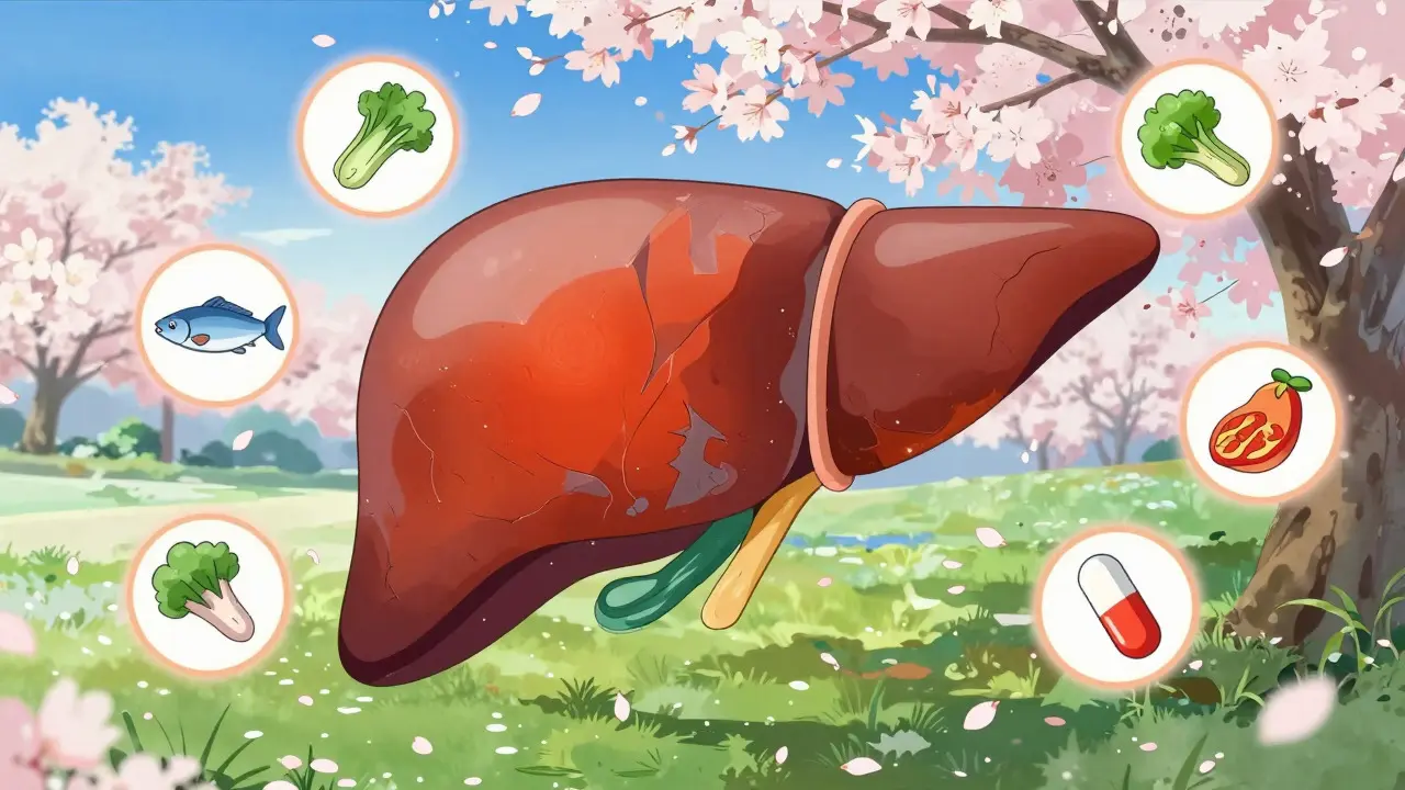 Liver regenerating with nutrients in hopeful ukiyo-e anime style