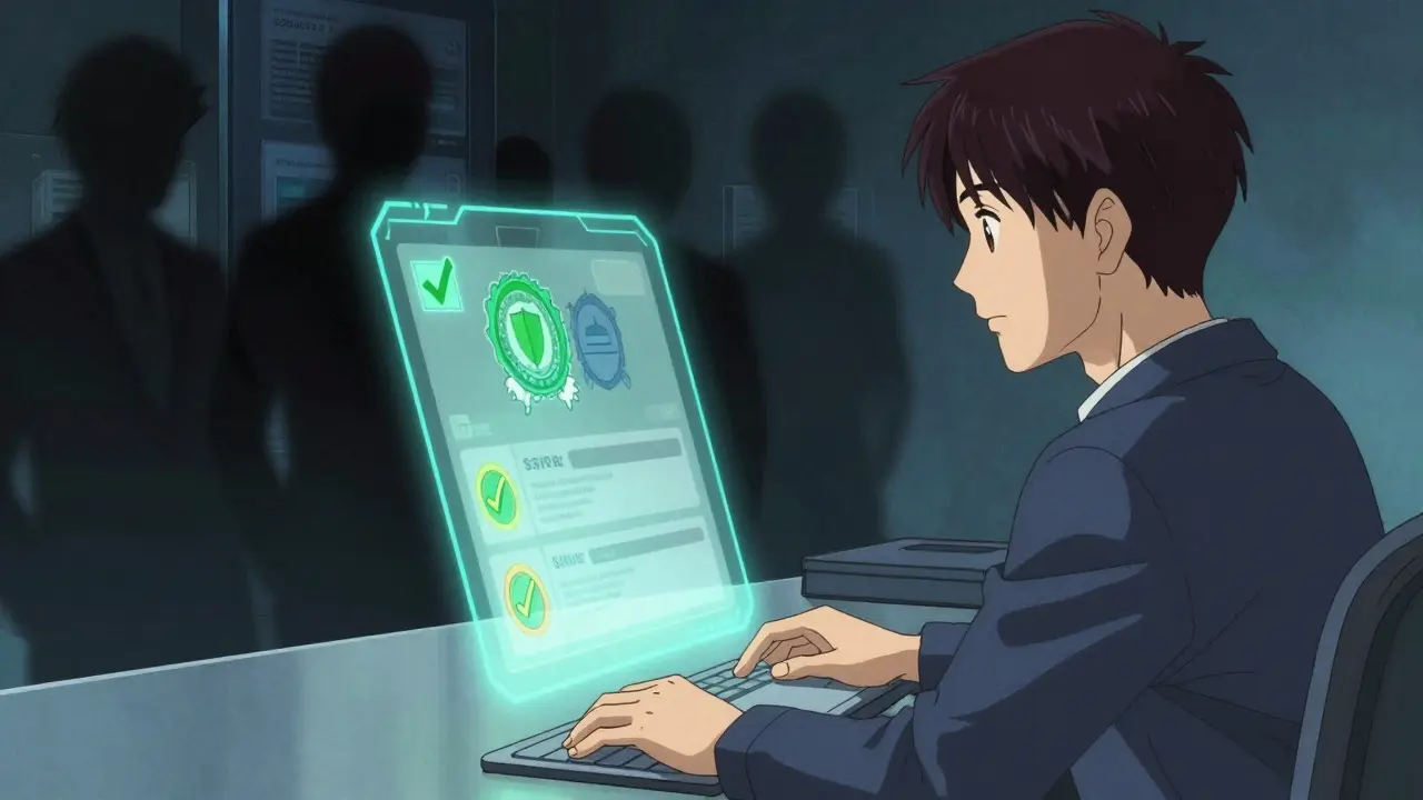 Man verifying safe online pharmacy with glowing green checkmarks