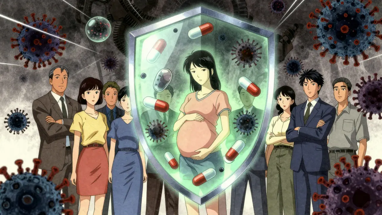 People protected by a glowing shield of antiviral medication pills.