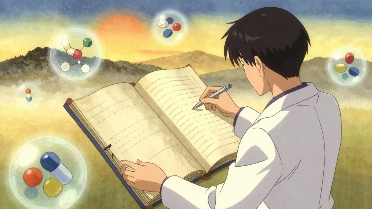Pharmacist studying a scroll with floating medical icons in anime style