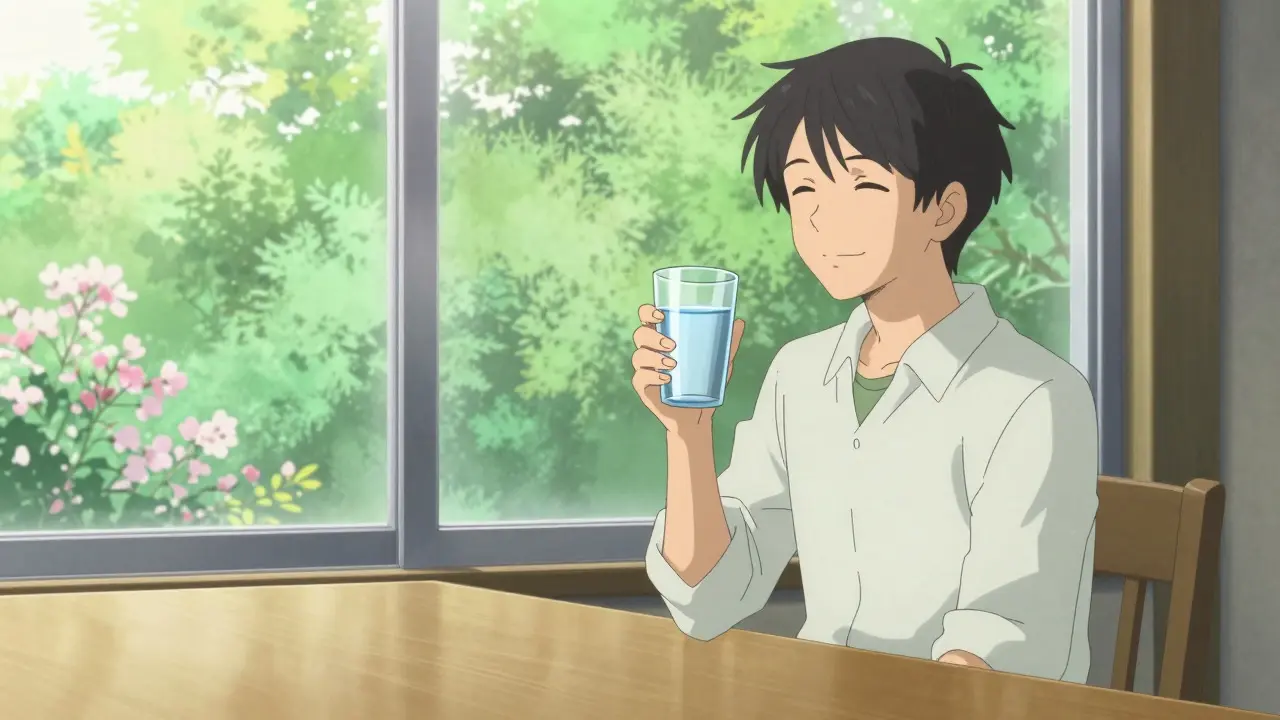 Relieved person drinking water near a window with flowers in anime style