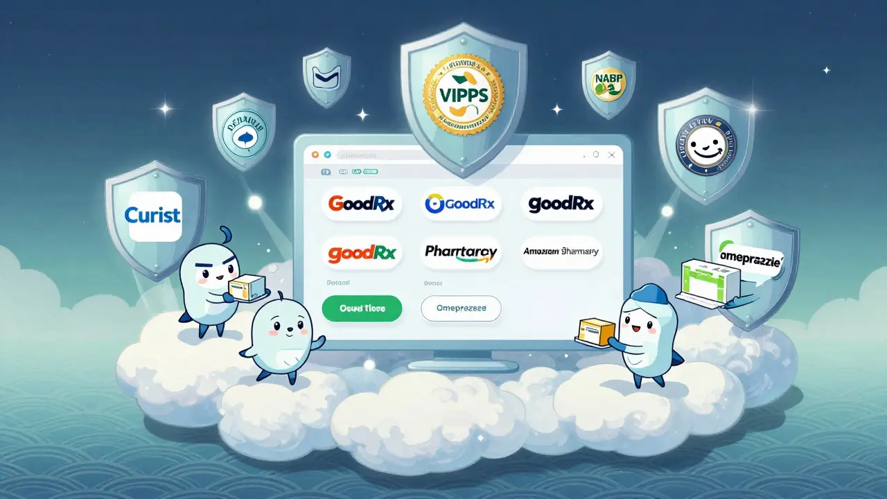 Safe online pharmacy shopping with trust seals and reputable brand icons