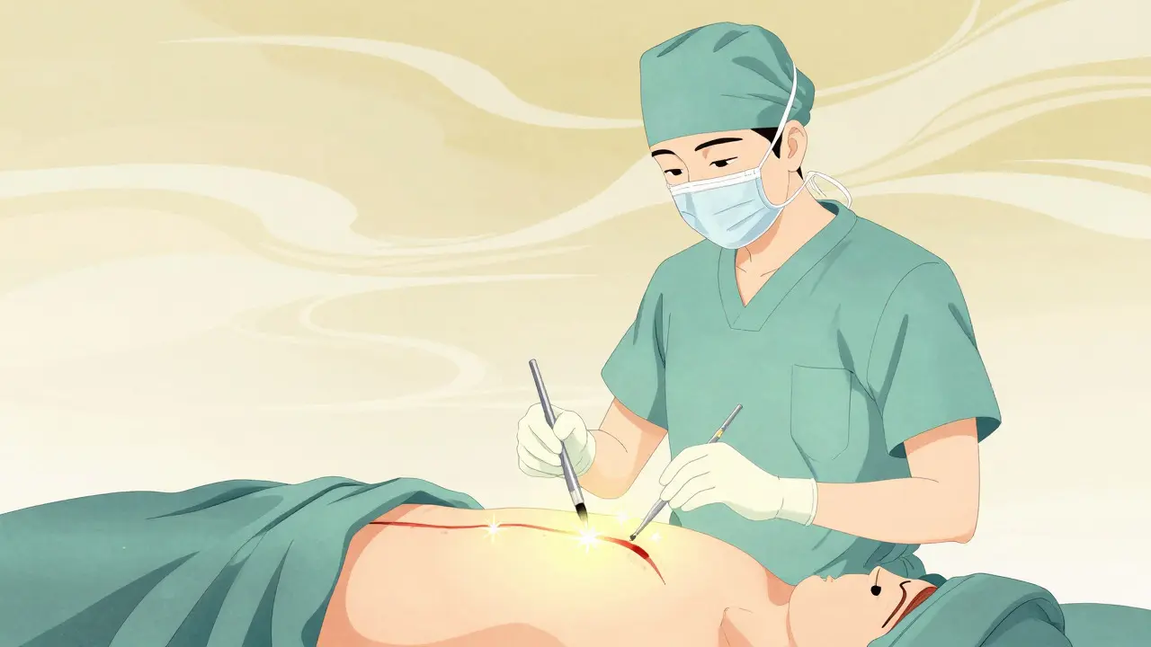 Serene surgeon with glowing tools, ukiyo-e anime style