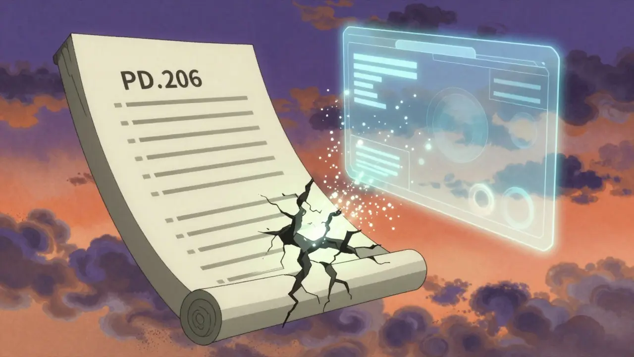 Stone document dissolving into digital light streams in Ukiyo-e anime art