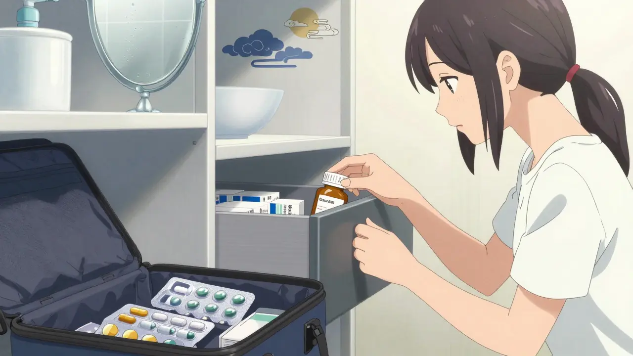 Woman storing pills safely in a drawer in anime style