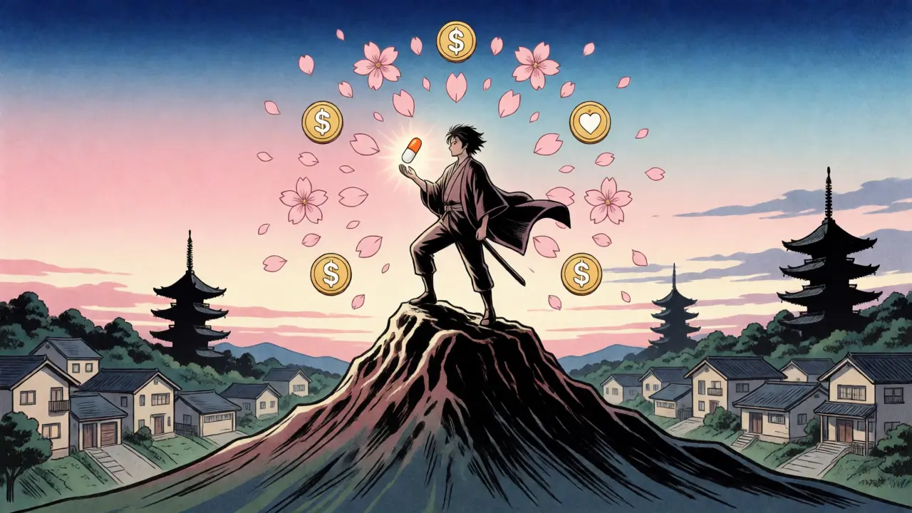 Character holding glowing capsule on mountain peak with savings symbols