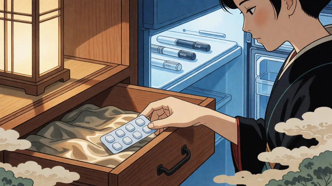 Character storing pills in a dry wooden drawer