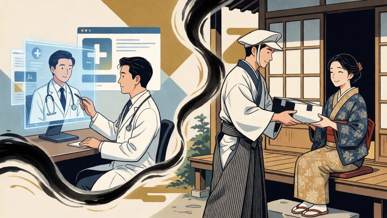 Telehealth consultation and package delivery illustrated in anime style